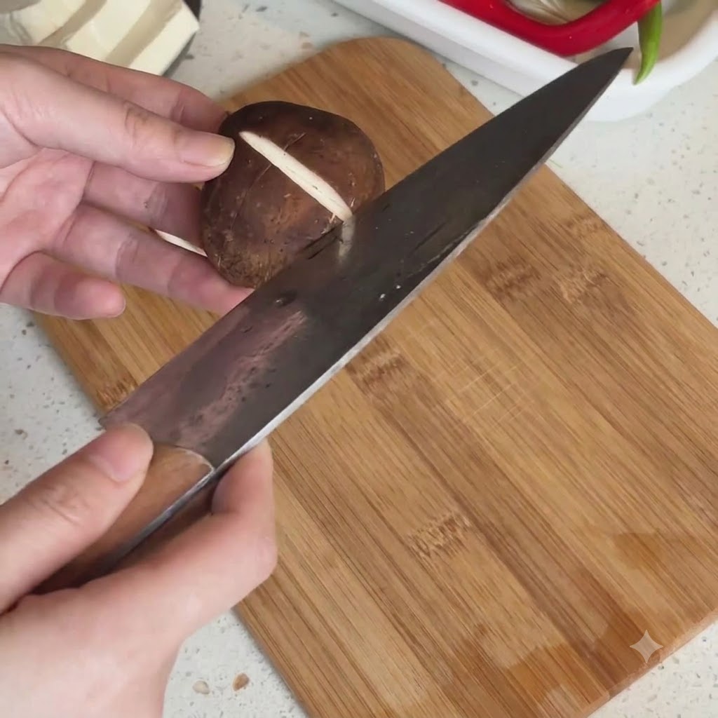 Cappella di un fungo shiitake fresco incisa con un coltello a formare un motivo a croce.