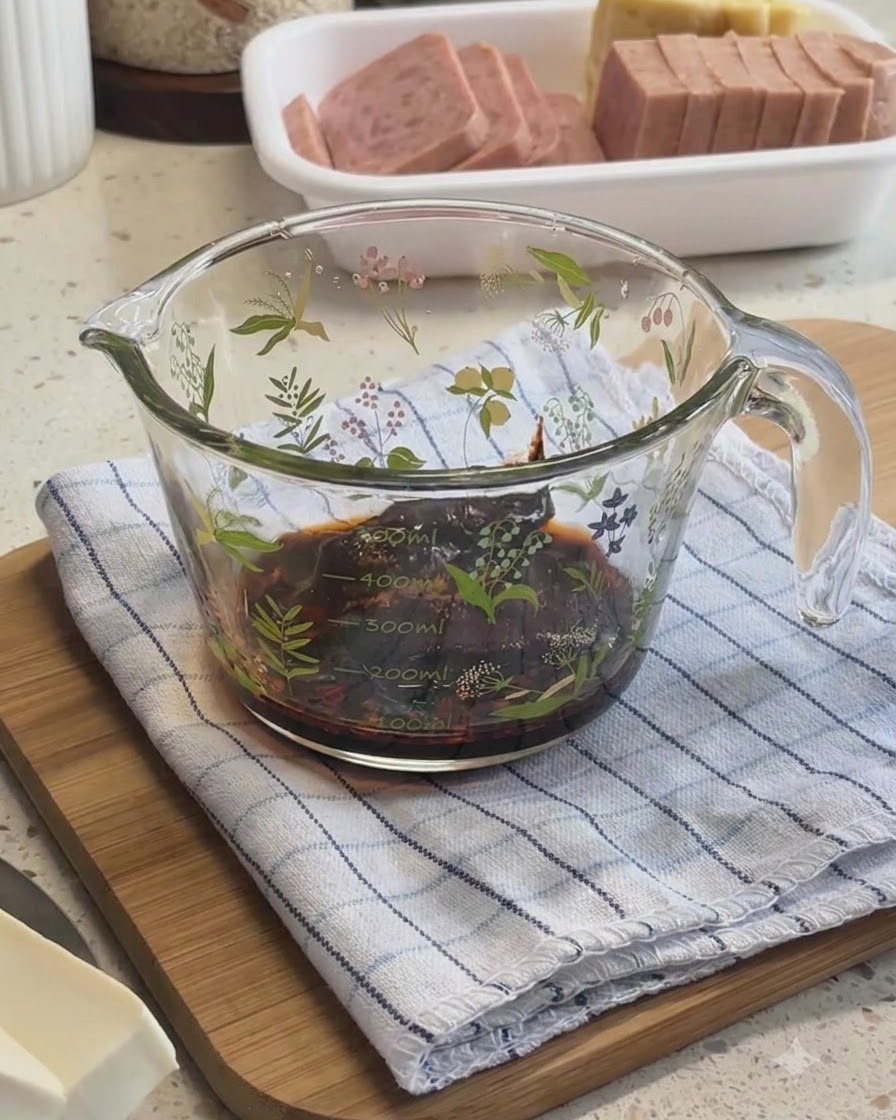 Ingredienti mescolati in un misurino di vetro per formare la base della salsa per lo stufato.