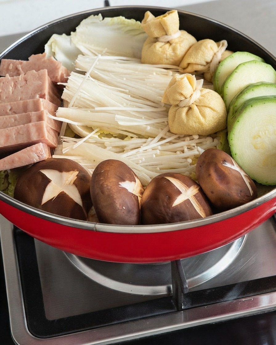 Zucchine a fette, carne in scatola, funghi enoki, funghi shiitake e nodi di pelle di tofu splendidamente disposti in una pentola.
