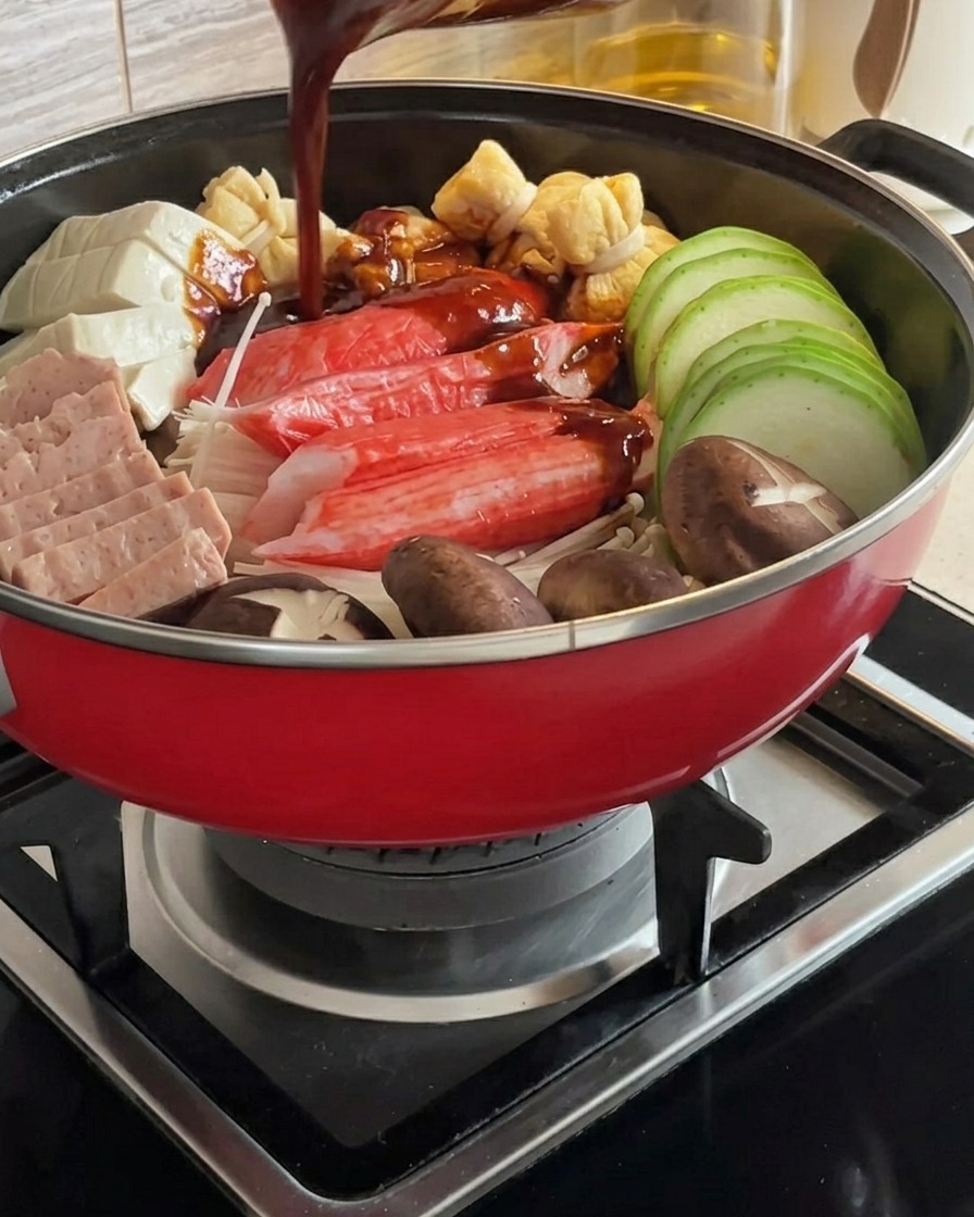 Una salsa rossa, ricca e piccante, versata sugli ingredienti disposti nella pentola dello stufato.