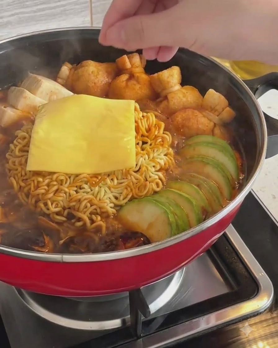 Una fetta quadrata di formaggio giallo appoggiata sopra i ramen e gli altri ingredienti nella pentola.