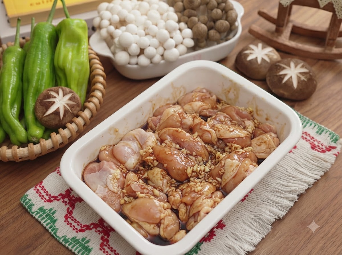 Pezzi di pollo crudo mescolati con aglio tritato e salse allinterno di un contenitore di ceramica bianco.