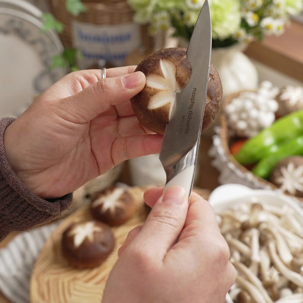 Una mano che tiene un fungo shiitake mentre intaglia un motivo a stella decorativo sulla sua cappella con un piccolo coltello.