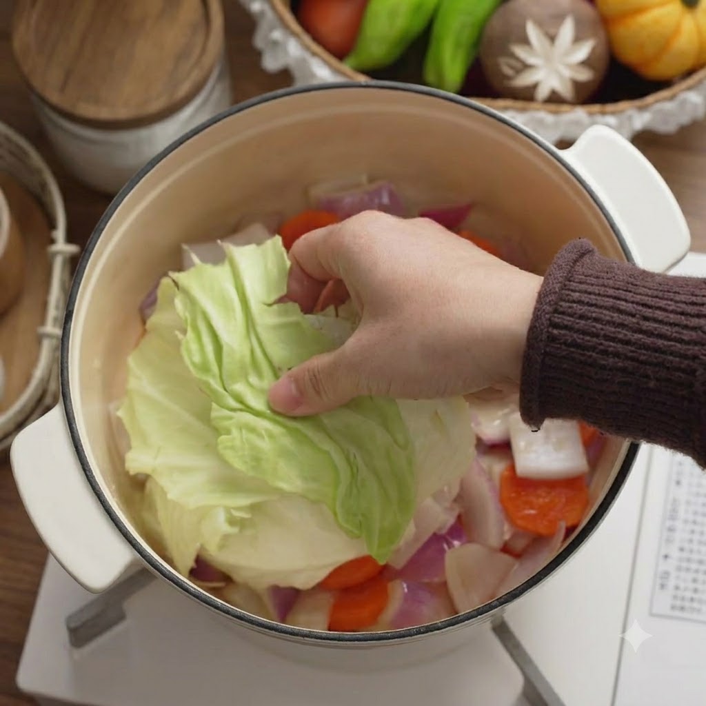 Una mano che posiziona un pezzo di foglia di cavolo verde fresco nella pentola smaltata sopra le verdure saltate.