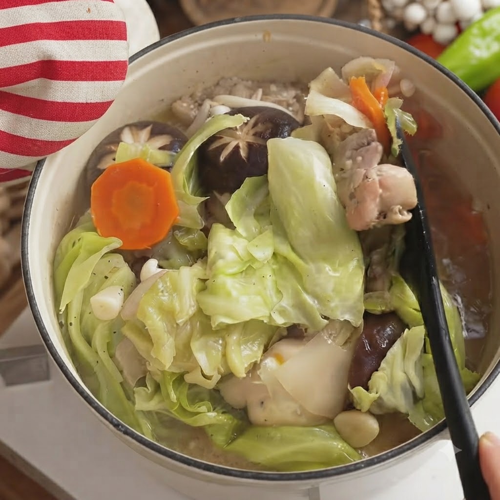 Un mettolo che mescola il cavolo cotto, i pezzi di pollo e i funghi allinterno della pentola piena di brodo.