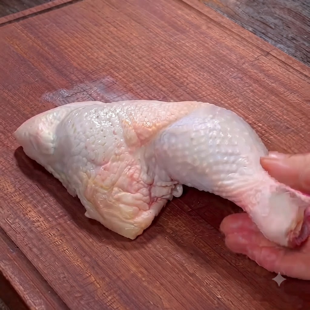 Un primo piano di mani che usano le forbici da cucina per separare la carne dallosso di una coscia di pollo cruda su un tagliere.