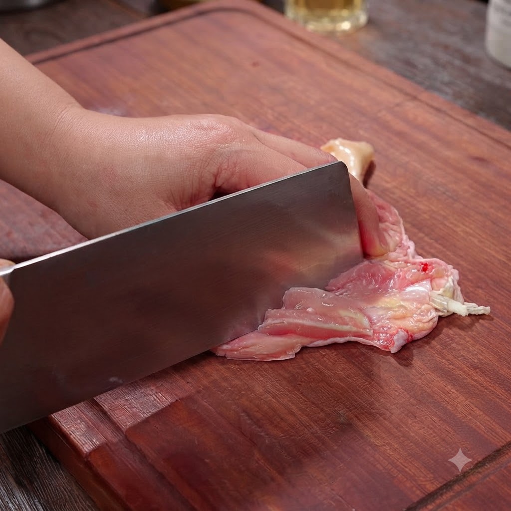 Un coltello da cucina che pratica tagli superficiali sulla superficie interna di una coscia di pollo disossata su un tagliere di legno.