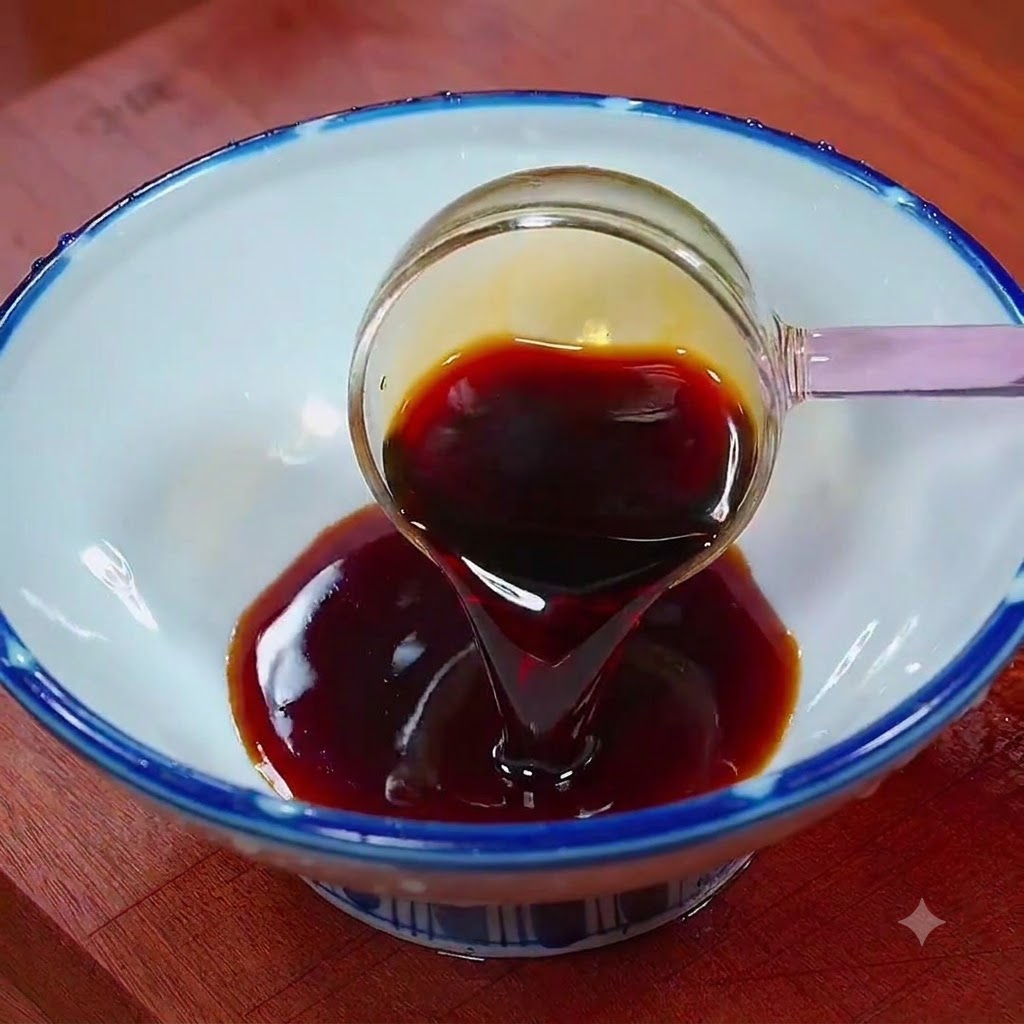 Salsa di soia scura versata da un piccolo mestolo in una ciotola per essere mescolata con altri condimenti liquidi.