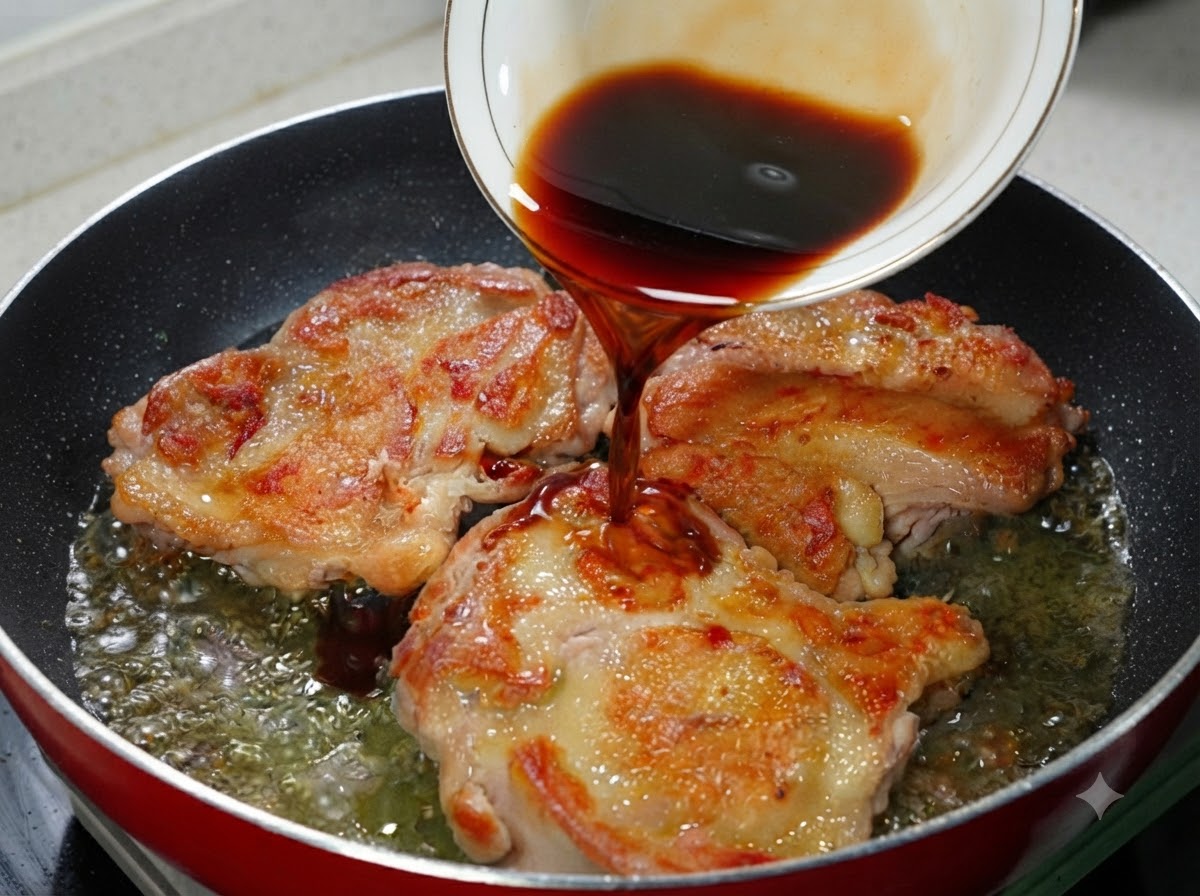 Una ciotola che versa salsa teriyaki scura sui pezzi di pollo dorati in una padella.