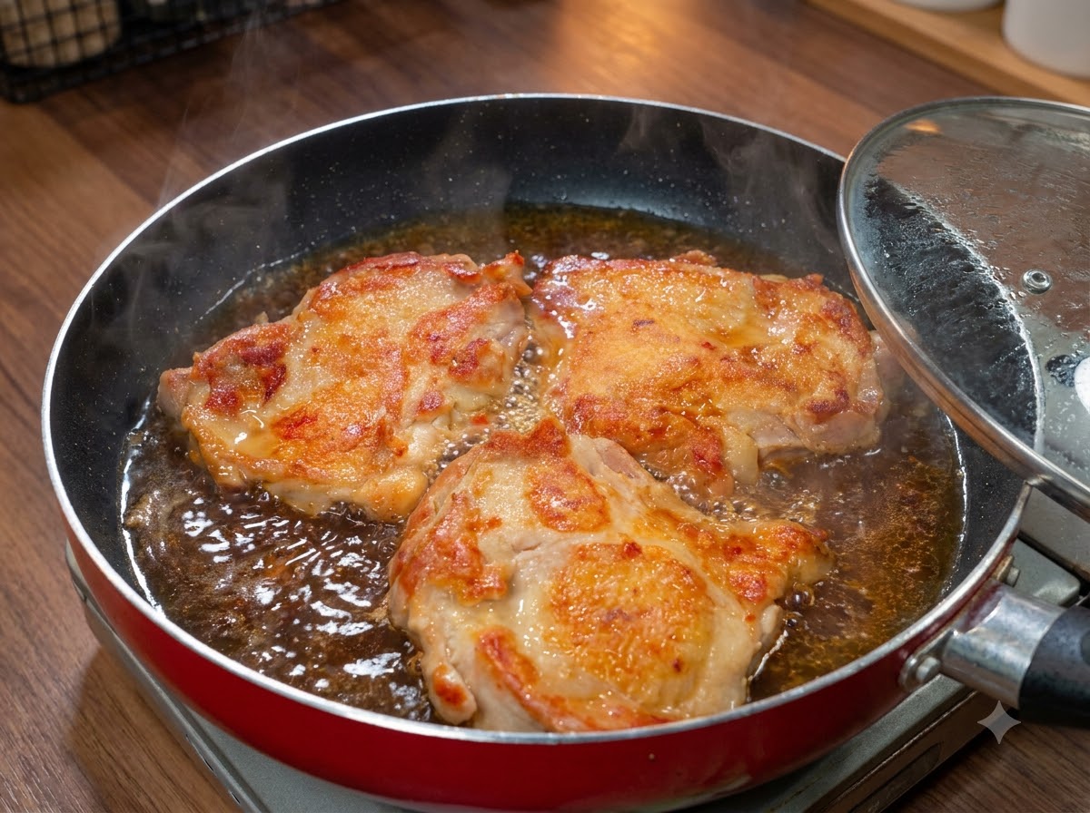 Una padella di pollo che sobbolle nella salsa con un coperchio di vetro che viene posizionato sopra.