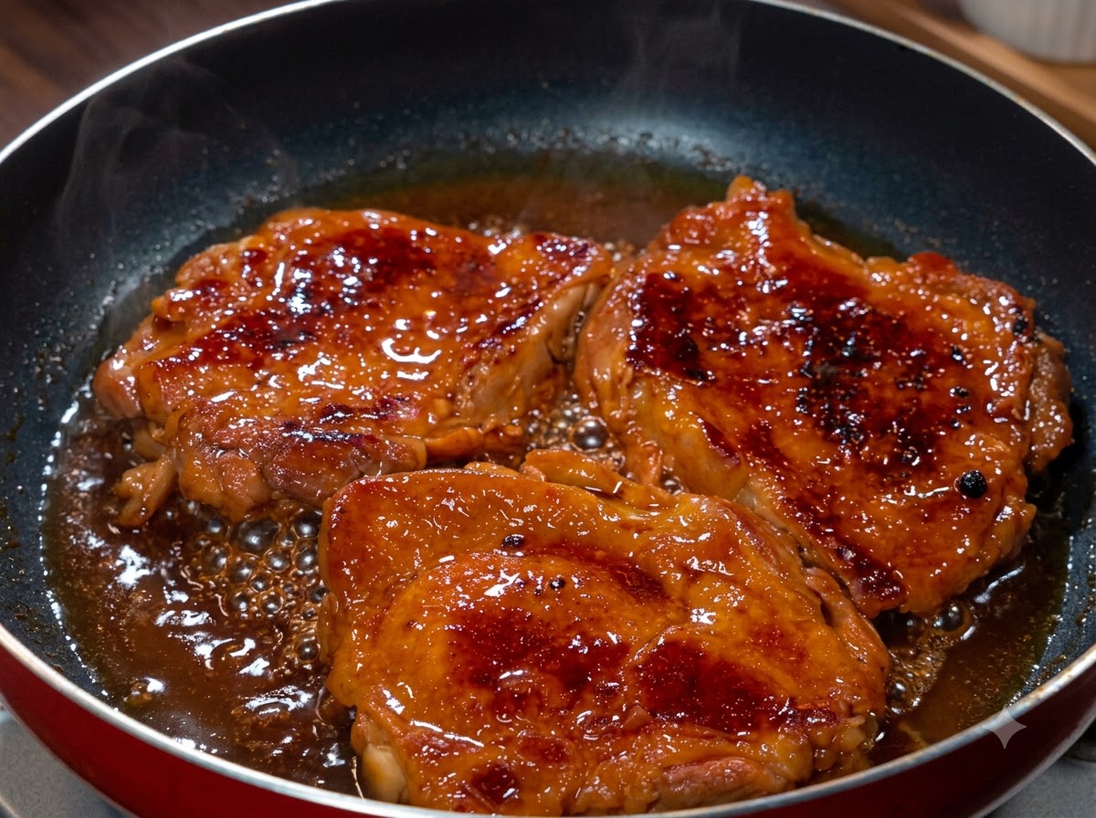 Pezzi di pollo che cuociono in una glassa densa e bollente allinterno di una padella con il coperchio rimosso.