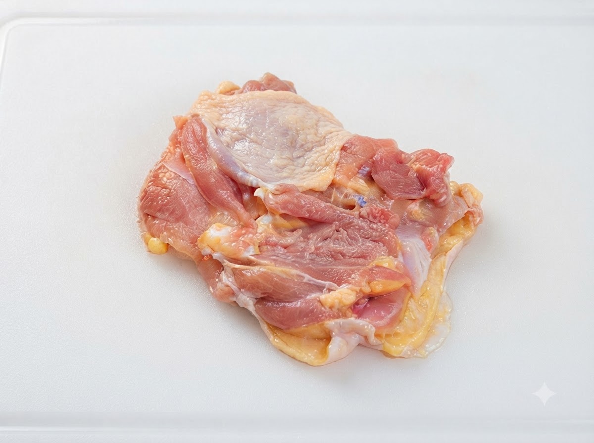 Una coscia di pollo disossata adagiata piatta su un tagliere bianco, pronta per essere battuta.