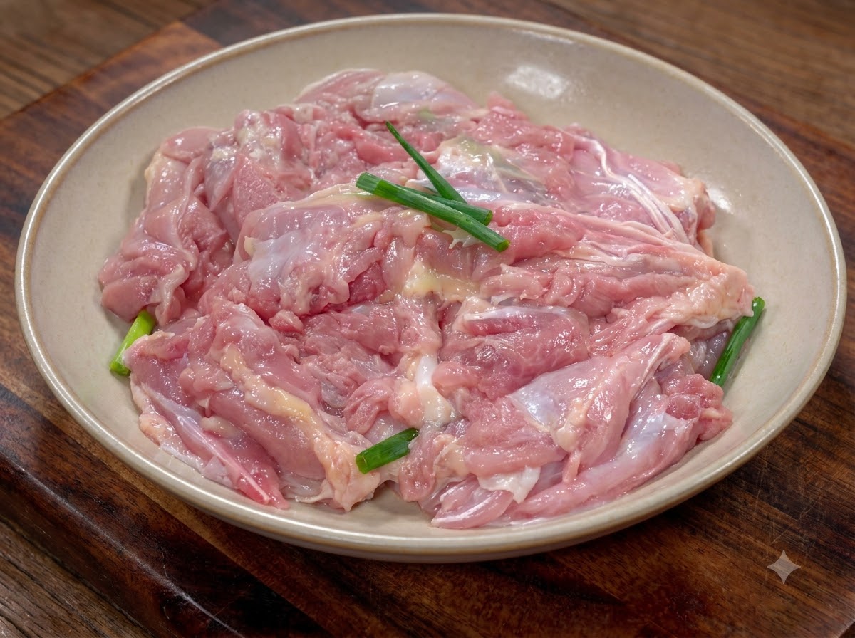 Una vista ravvicinata di pezzi di pollo crudo mescolati con fette di cipollotto allinterno di una ciotola beige.