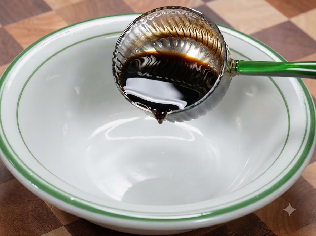Salsa di soia scura versata da un mestolo in una ciotola.