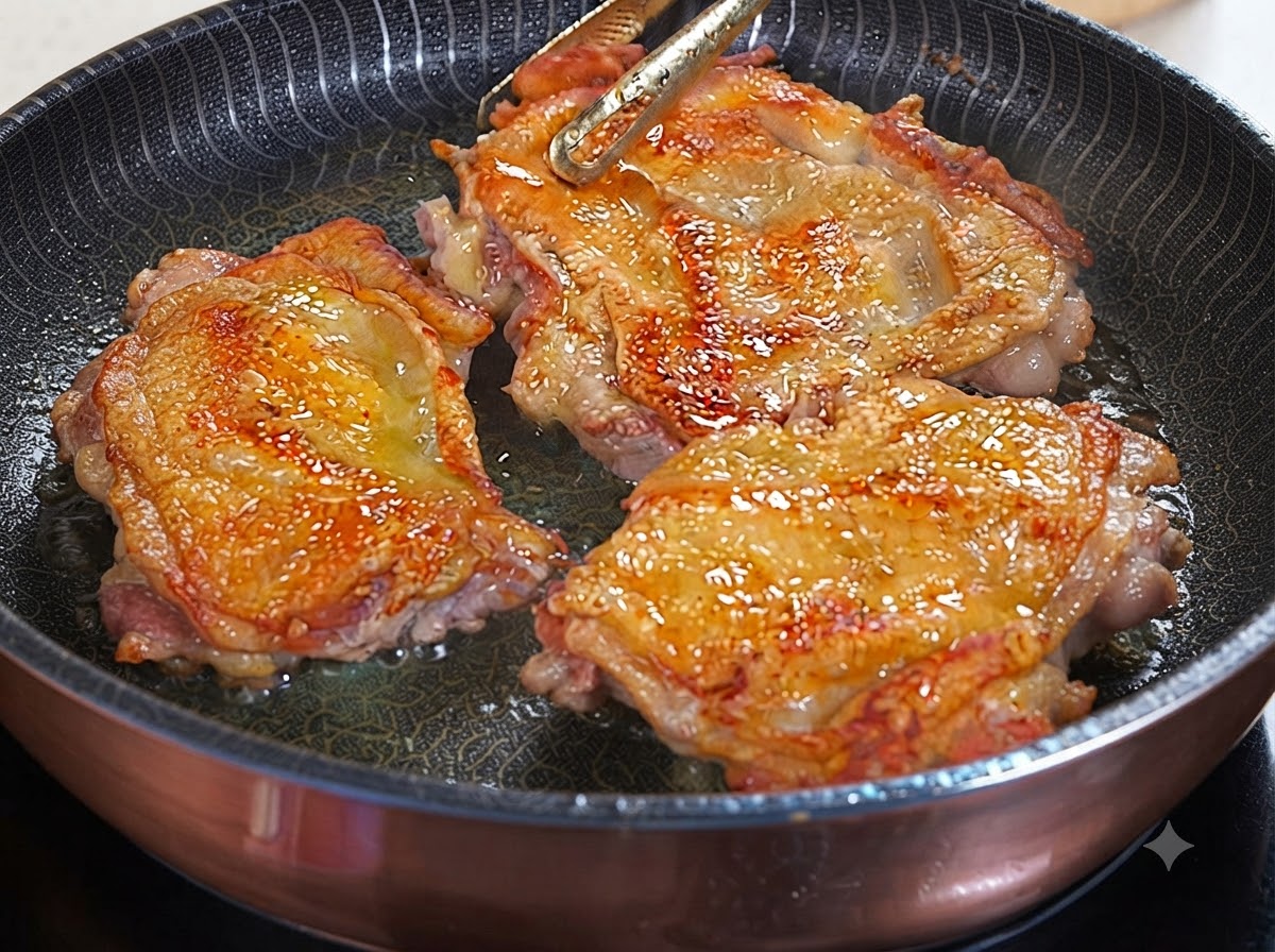 Tre cosce di pollo dorate che sfrigolano in padella mentre viene versata la salsa teriyaki sopra di esse.