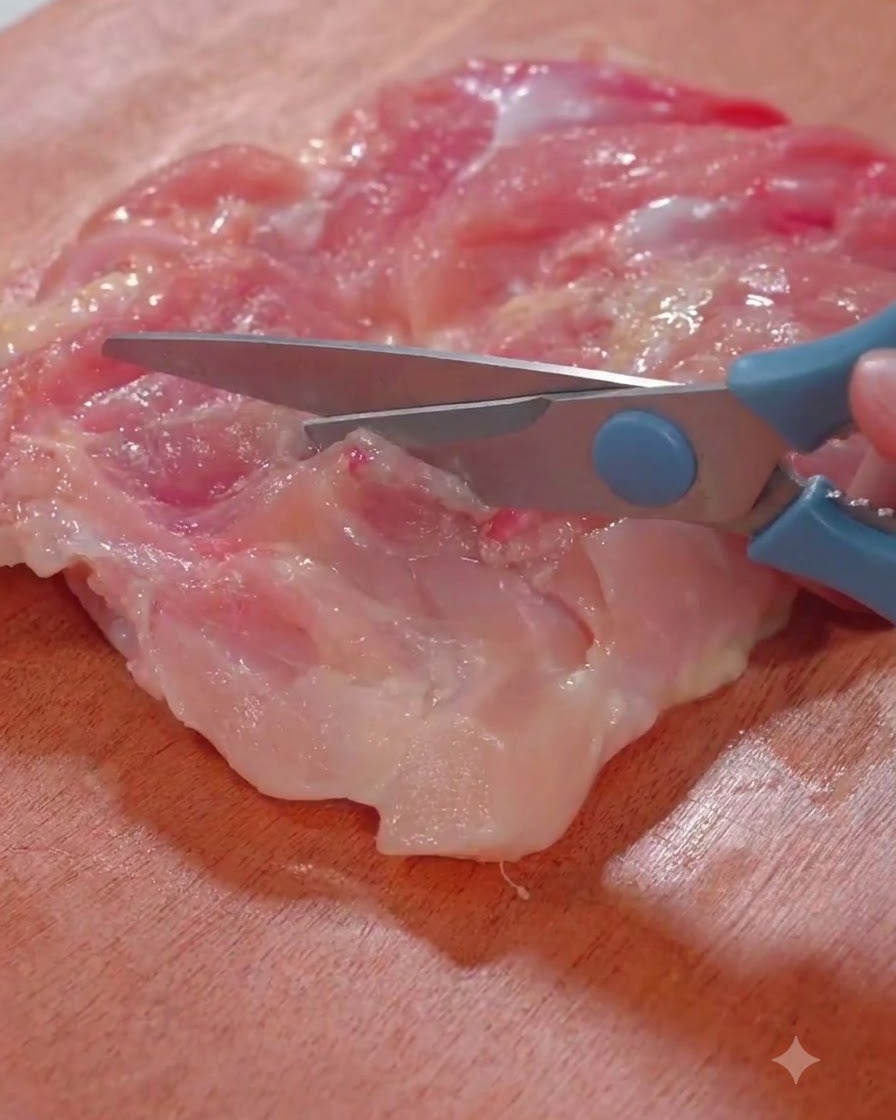 Uso di forbici da cucina per tagliare la carne cruda della coscia di pollo su un tagliere di legno.