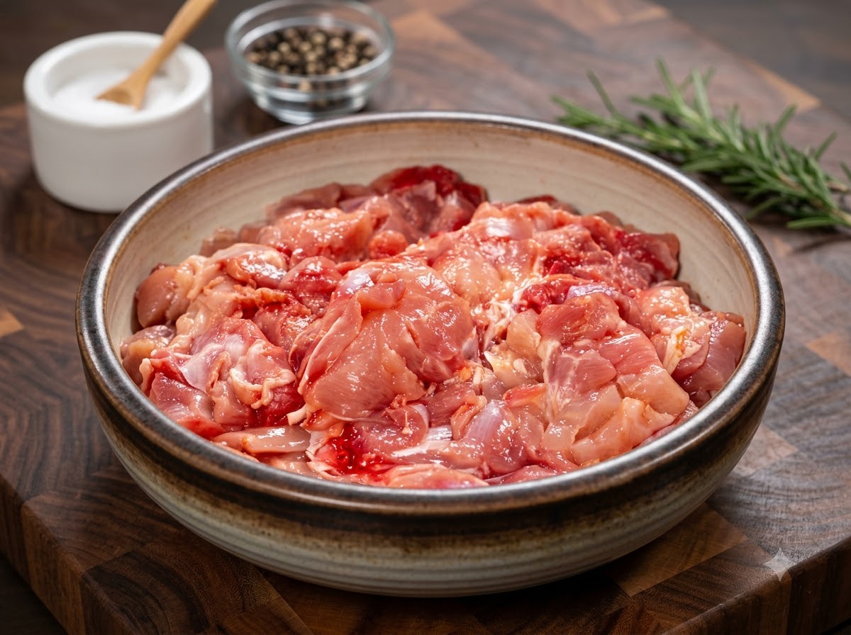 Pezzi di pollo crudo mescolati con cipolle tritate e aglio in una ciotola di ceramica su una tavola di legno.