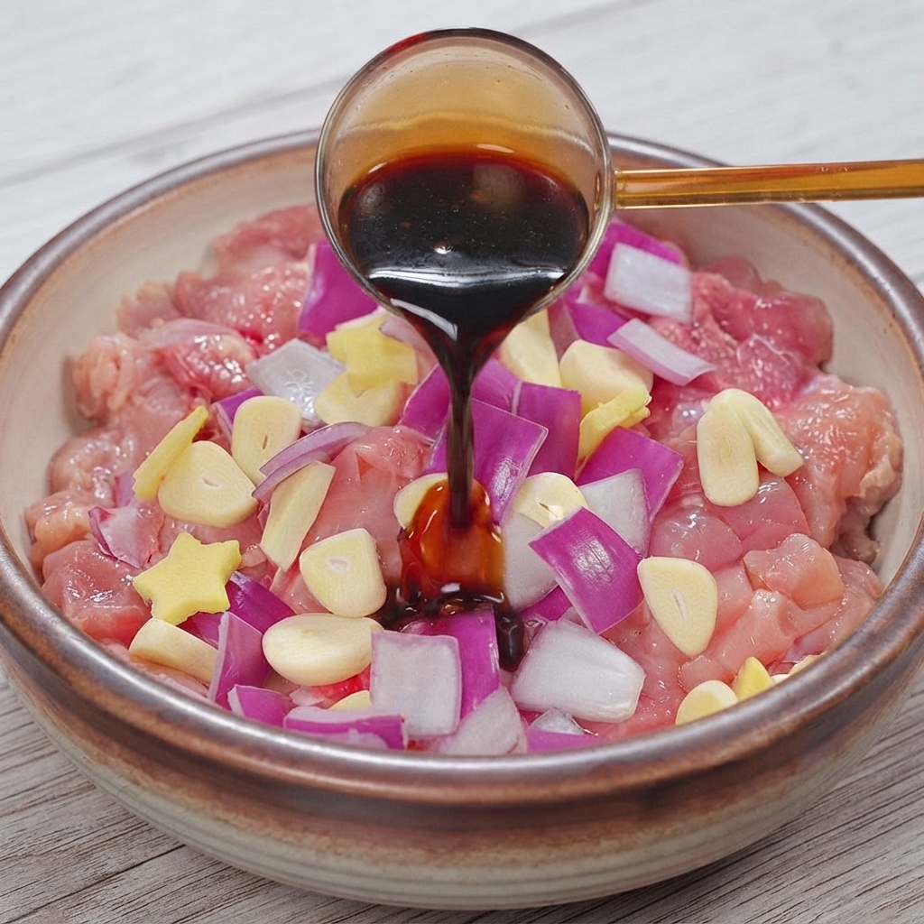 Versare salsa di soia scura da un mestolo su pezzi di pollo crudo e aromi in una ciotola.