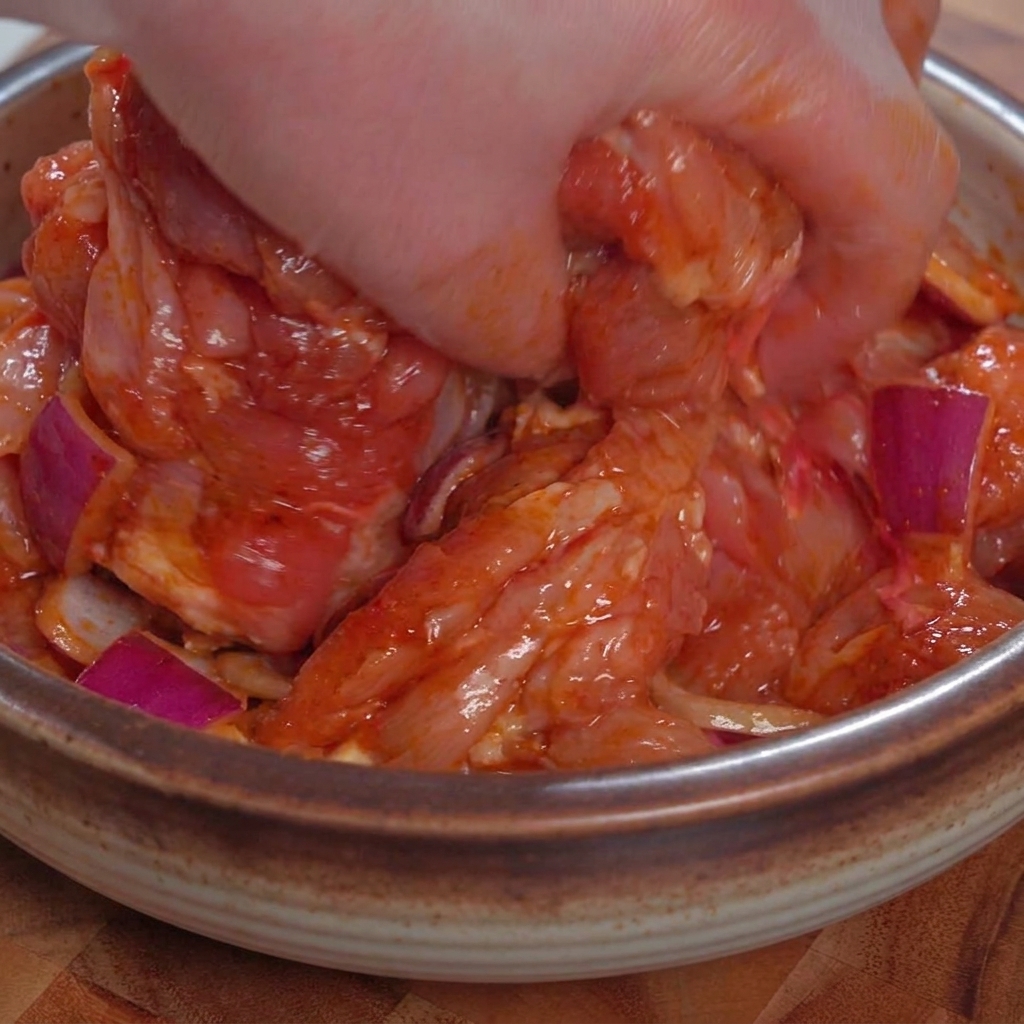 Mano che mescola accuratamente i pezzi di pollo crudo con la marinata teriyaki in una ciotola.