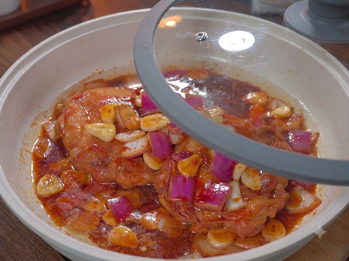 Un coperchio di vetro che copre parzialmente una padella bianca piena di pollo e salsa che sobbollono.