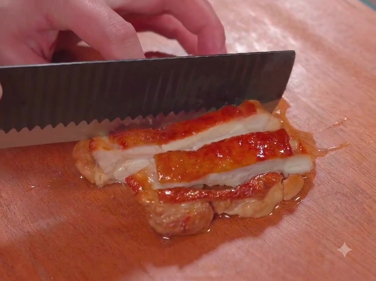 Un coltello che taglia la carne di coscia di pollo glassata su un tagliere di legno.