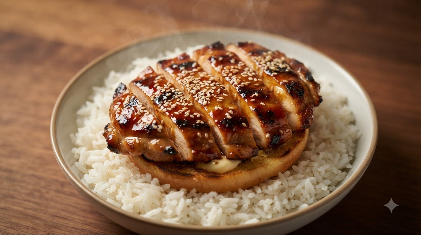 Coscia di pollo teriyaki tagliata a fette e glassata alla perfezione, servita su un panino tostato e riso bianco.
