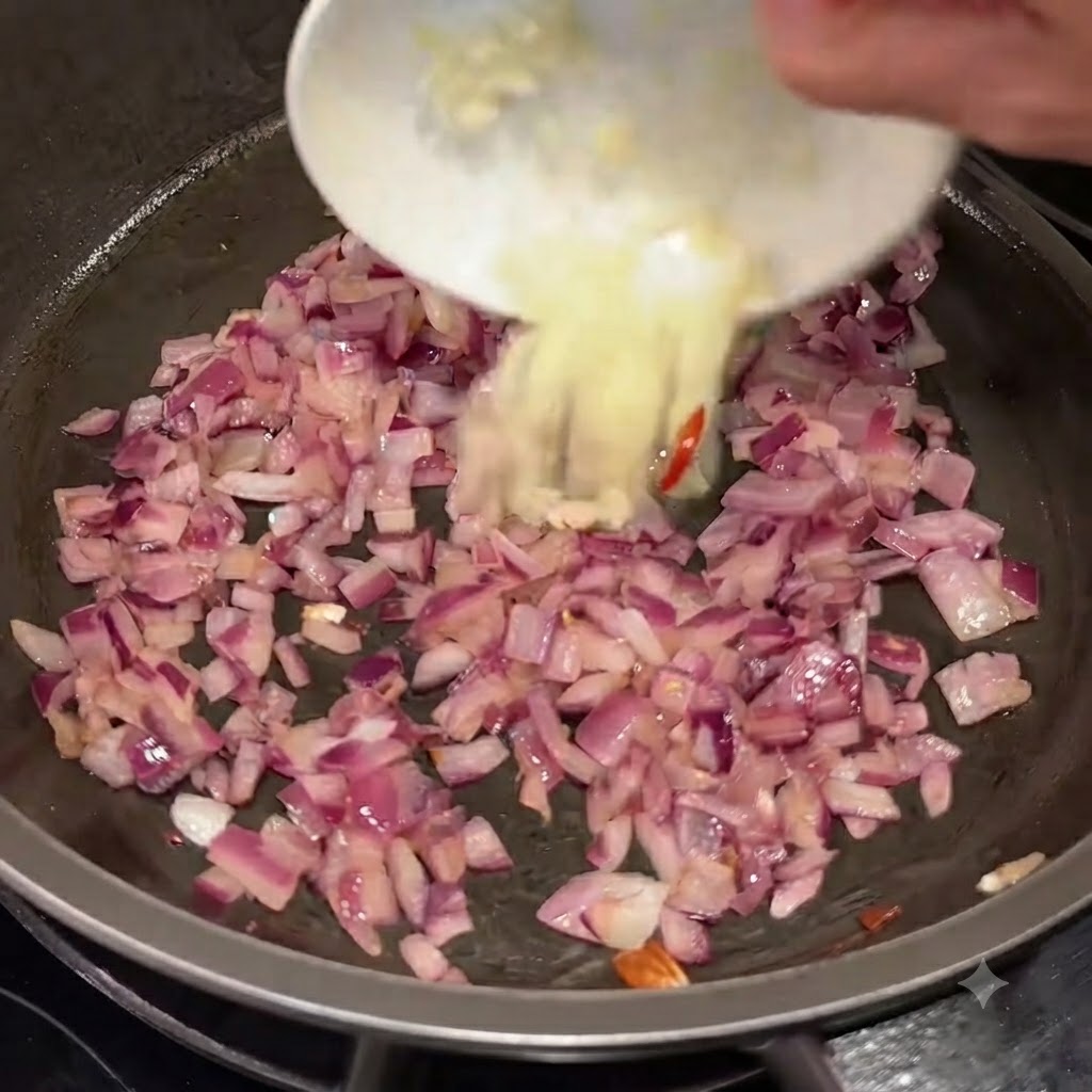 Aglio tritato aggiunto nella padella contenente le cipolle rosse soffritte.