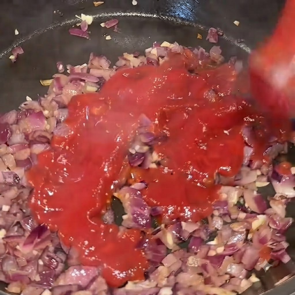 Passata di pomodoro rossa versata direttamente nella padella sopra le cipolle e laglio cotti.