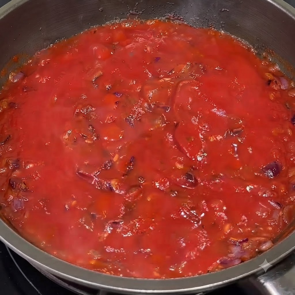 Salsa di pomodoro rossa liscia che sobbolle nella padella dopo aver incorporato i condimenti.