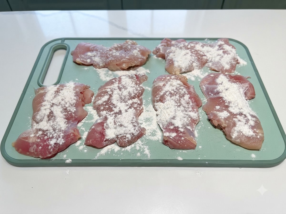 Cosce di pollo crude disposte su un tagliere verde con una spolverata di farina sopra.