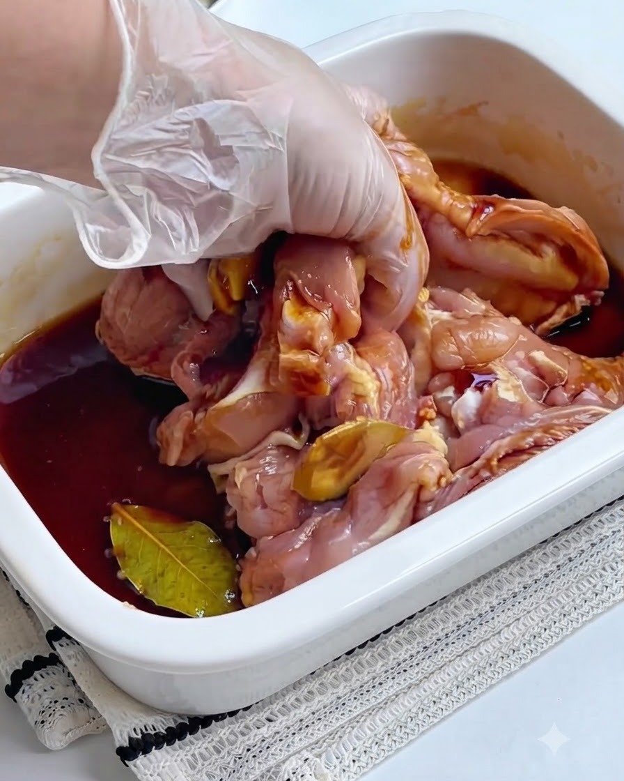Una mano guantata che massaggia cosce di pollo crude in un contenitore bianco pieno di salsa di marinatura scura e fette di zenzero.