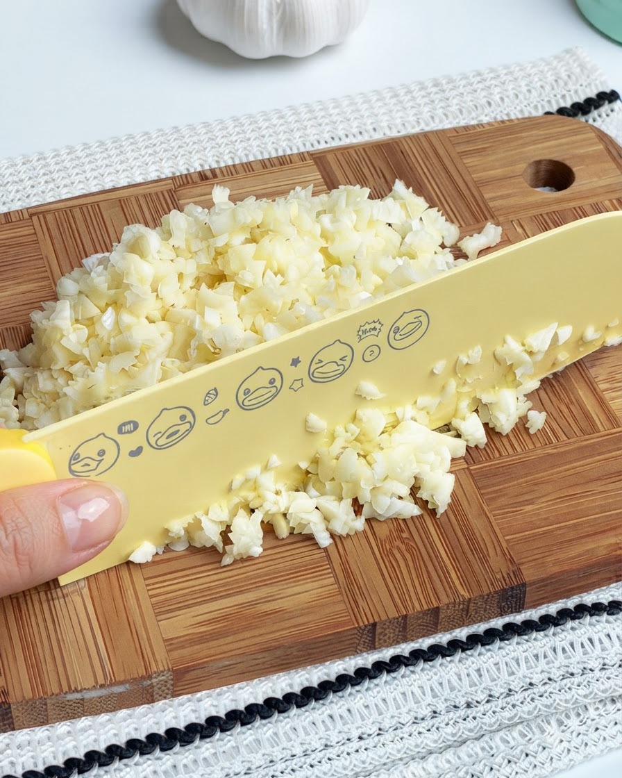Spicchi daglio tritati finemente ammucchiati su un tagliere di legno accanto a un coltello giallo.