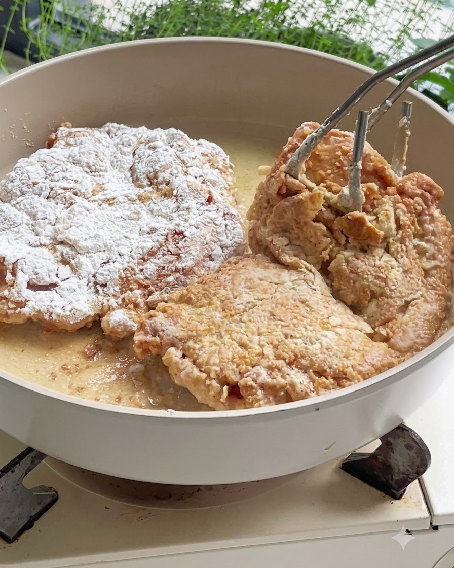 Più pezzi di pollo che friggono in olio caldo allinterno di una padella dai toni chiari, girati con pinze di metallo.