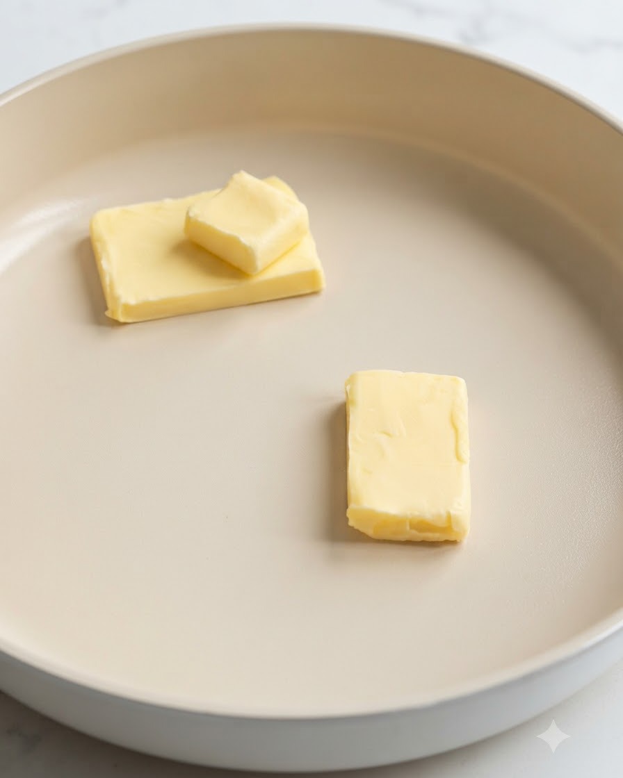 Fette di burro che si sciolgono allinterno di una padella in ceramica color beige.