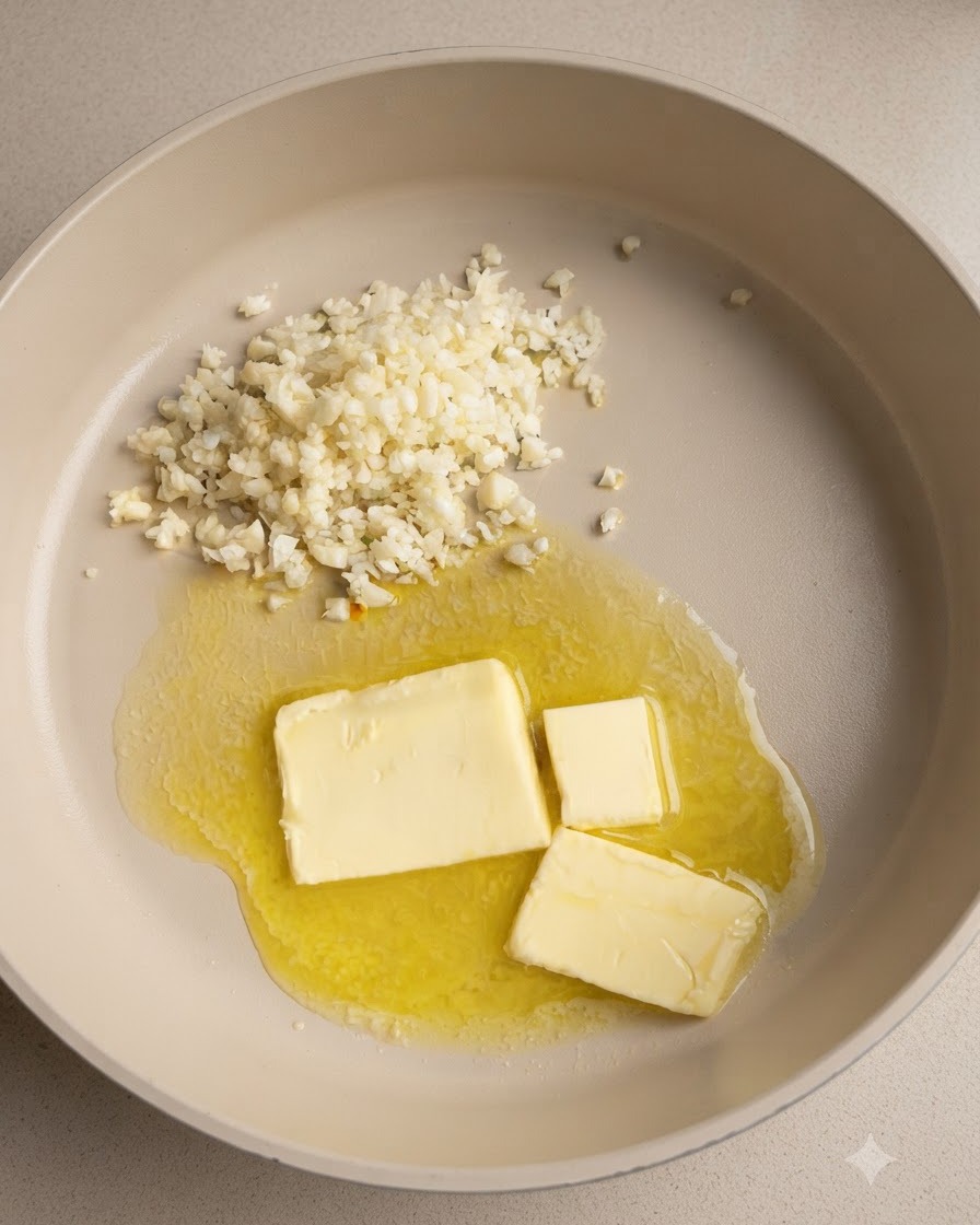 Aglio tritato che viene fatto saltare insieme al burro che si scioglie in una padella da cucina.