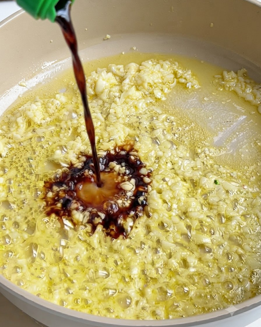 Salsa scura versata da una bottiglia in una padella ribollente di aglio e burro.