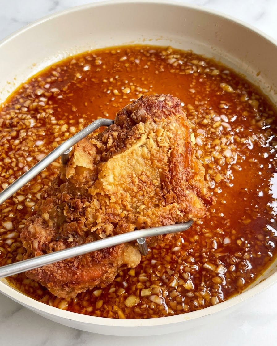 Una cotoletta di pollo fritte croccante tenuta da pinze sopra una padella piena di salsa di soia e aglio ribollente.