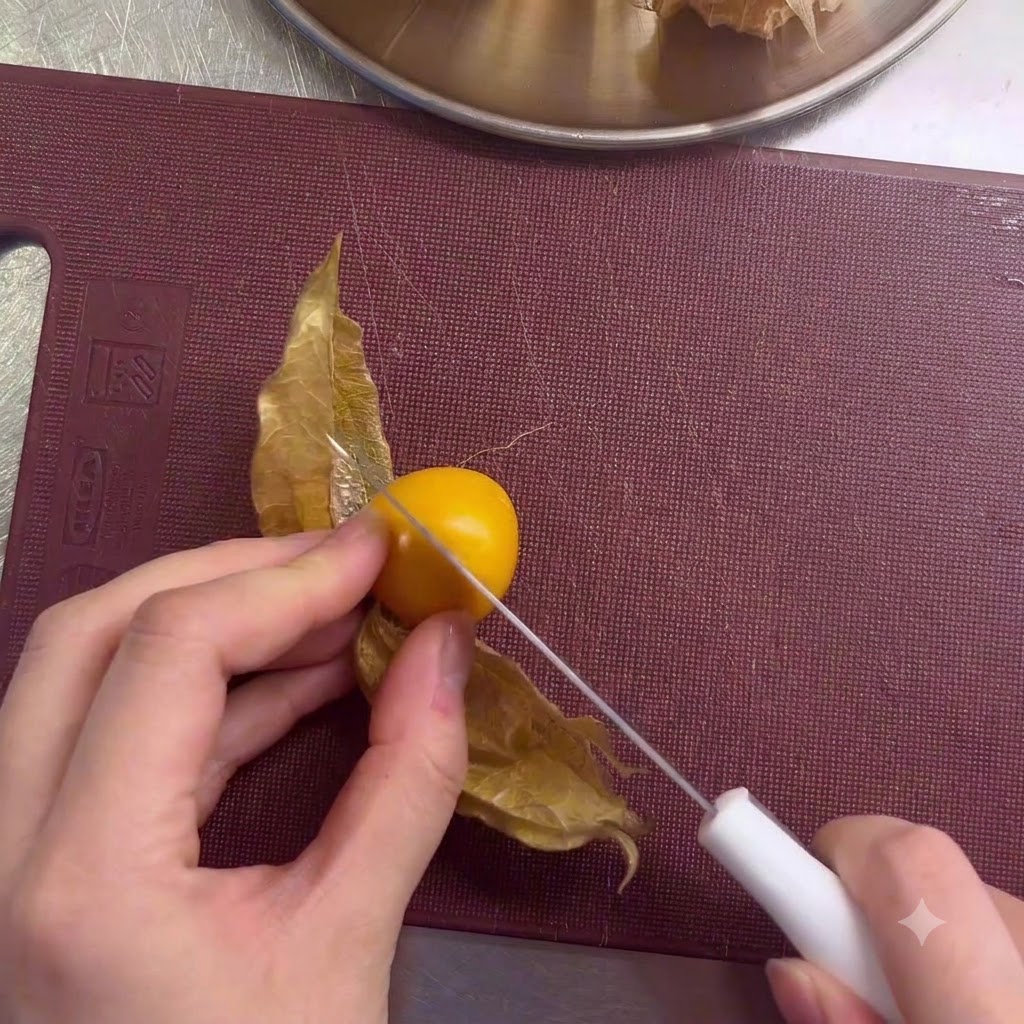 Una mano che utilizza un piccolo coltello bianco per tagliare a metà unuva spina gialla su un tagliere marrone.