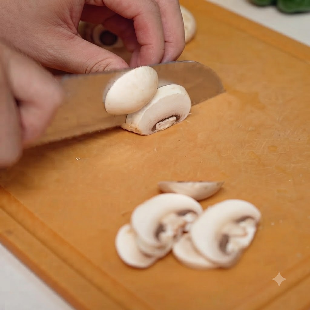 Una mano che usa un coltello per affettare funghi champignon freschi su un tagliere di legno.