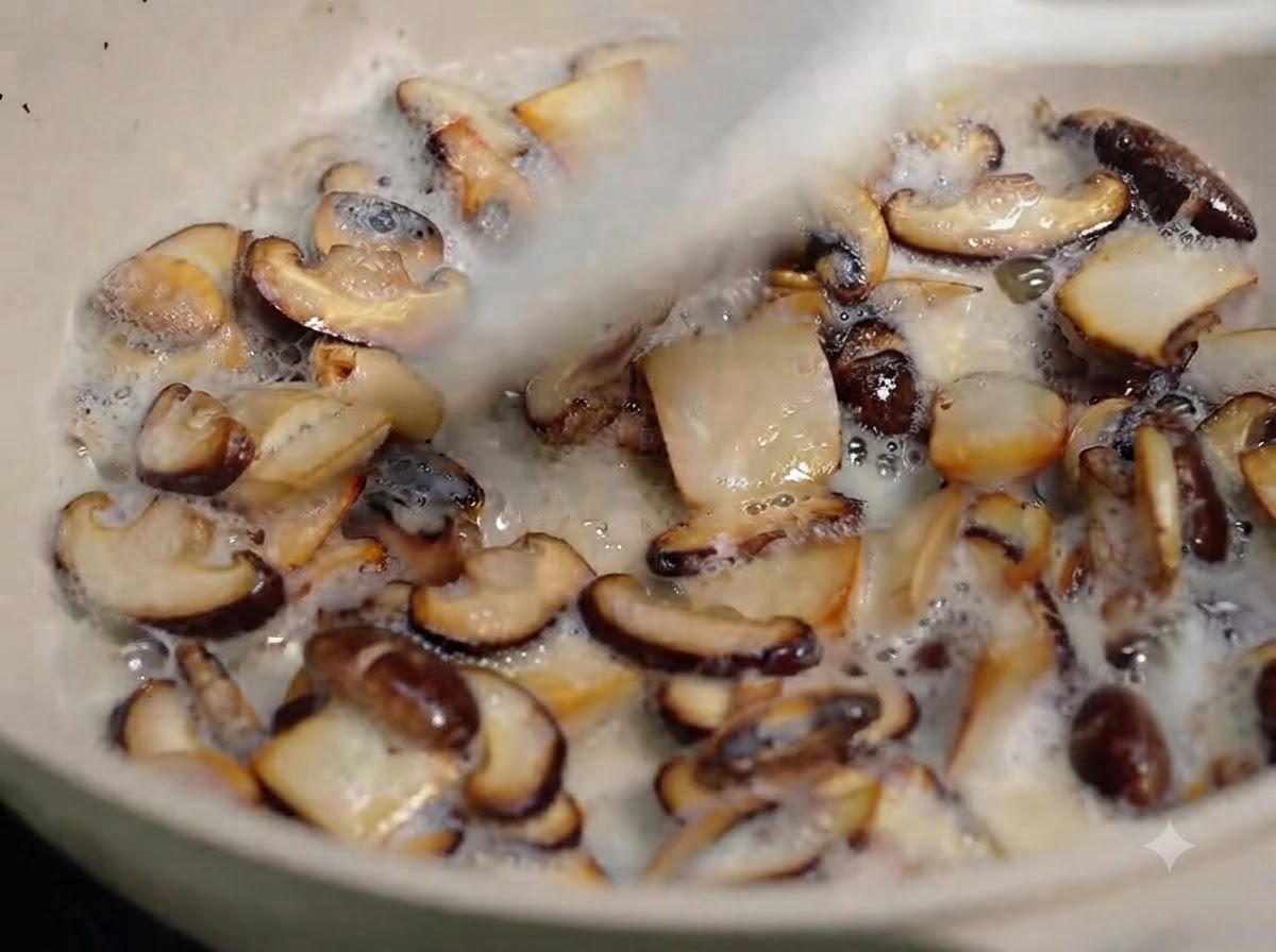 Peperoni colorati tagliati freschi aggiunti a una padella di funghi sfrigolanti.