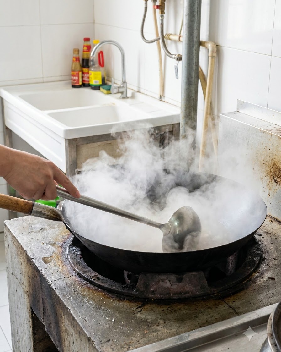 Un wok riempito con acqua bollente e denso vapore, con un mestolo da cucina appoggiato allinterno.