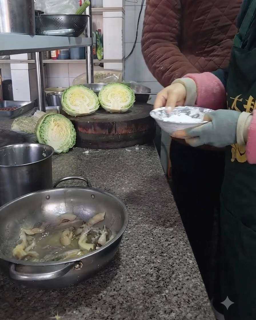 Aggiunta di farina da una piccola ciotola nel composto di funghi preparato.