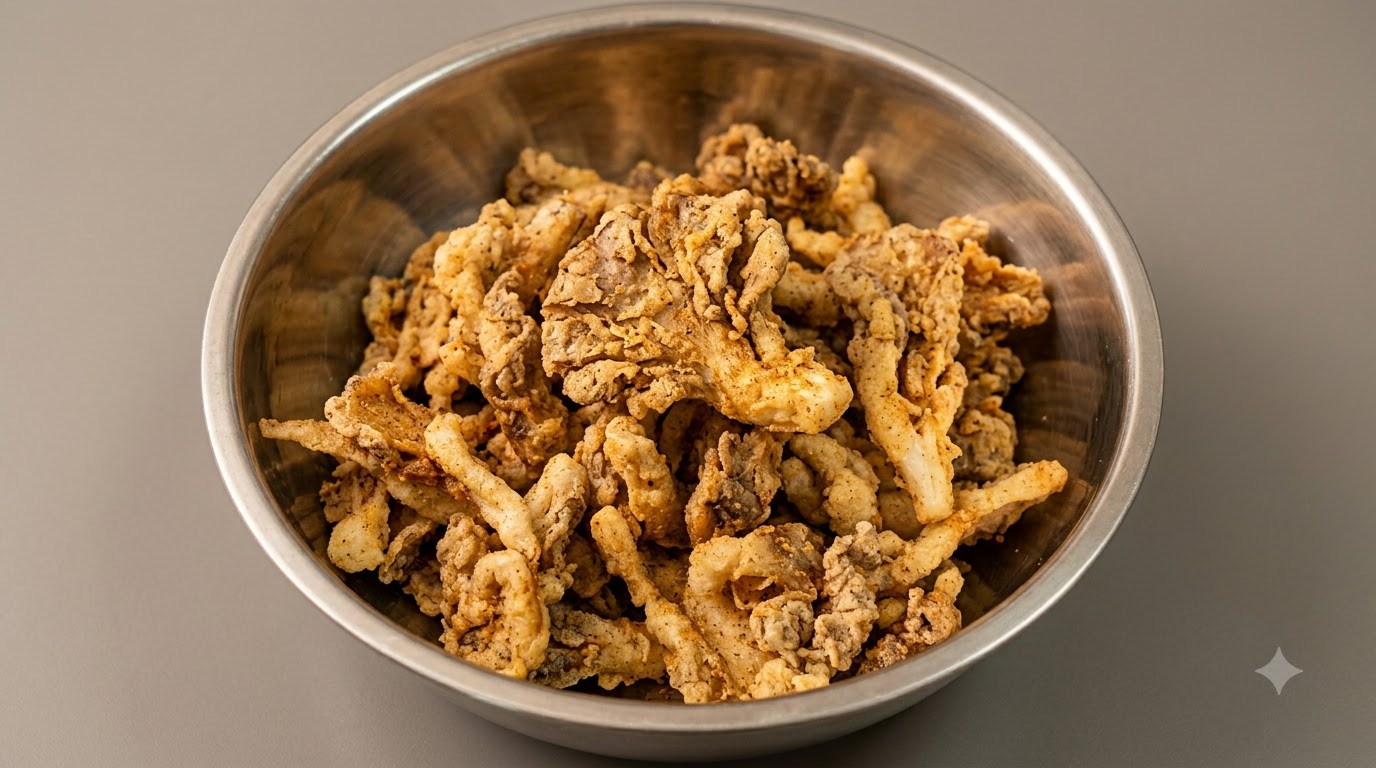 Una ciotola in acciaio inossidabile piena di funghi pleurotus fritti croccanti e dorati conditi con spezie