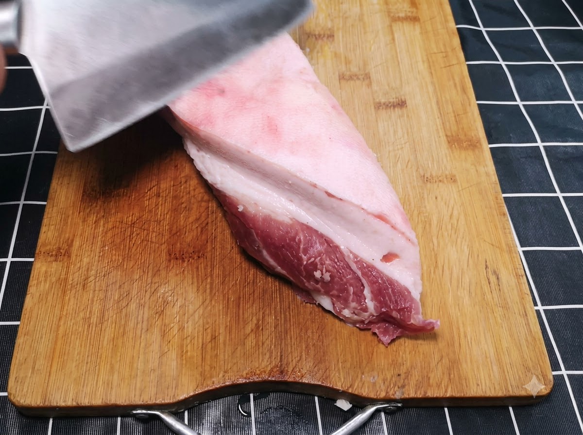 Un grande coltello che rifila lo strato esterno di grasso da un spesso blocco di maiale crudo appoggiato su un tagliere di legno.