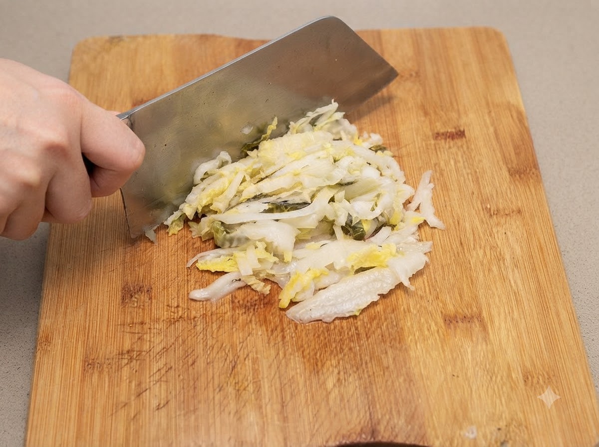 Crauti fermentati tagliati a strisce sottili con un coltello su un tagliere di legno.