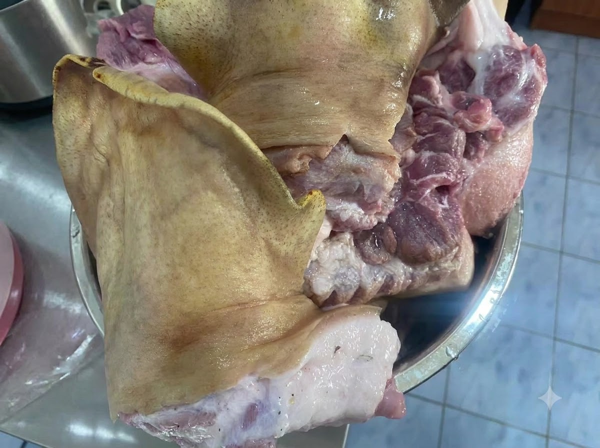 Grandi pezzi crudi di un muso di maiale poggiati allinterno di una ciotola di metallo su un piano di lavoro.
