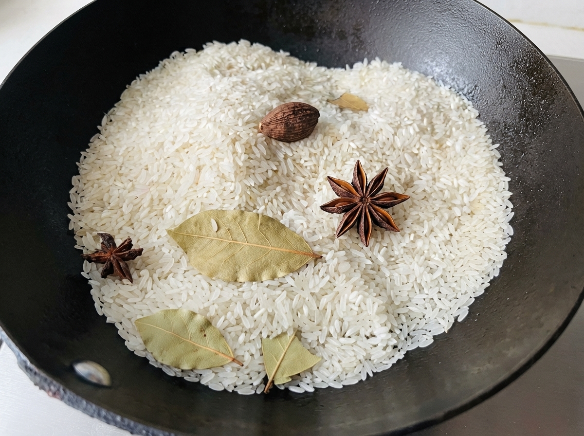Chicchi di riso bianco crudo mescolati con anice stellato intero, cardamomo nero e foglie di alloro allinterno di un wok scuro.