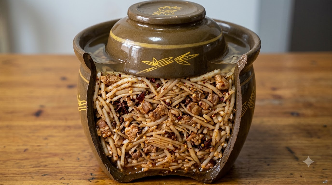 Zha di maiale con filetti di ravanello (Maiale stagionato cinese e ravanello)