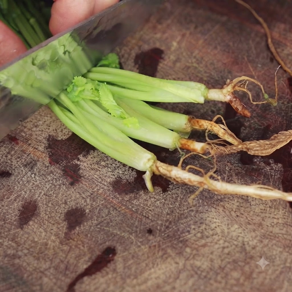 Radici di coriandolo verde fresco tagliate a fette con un coltello da cucina su un tagliere di legno strutturato.