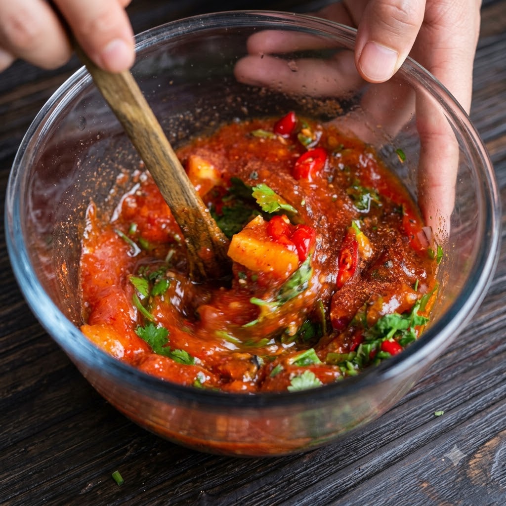 Una persona che mescola una vibrante salsa thailandese rossa con un cucchiaio dorato allinterno di una ciotola di vetro.